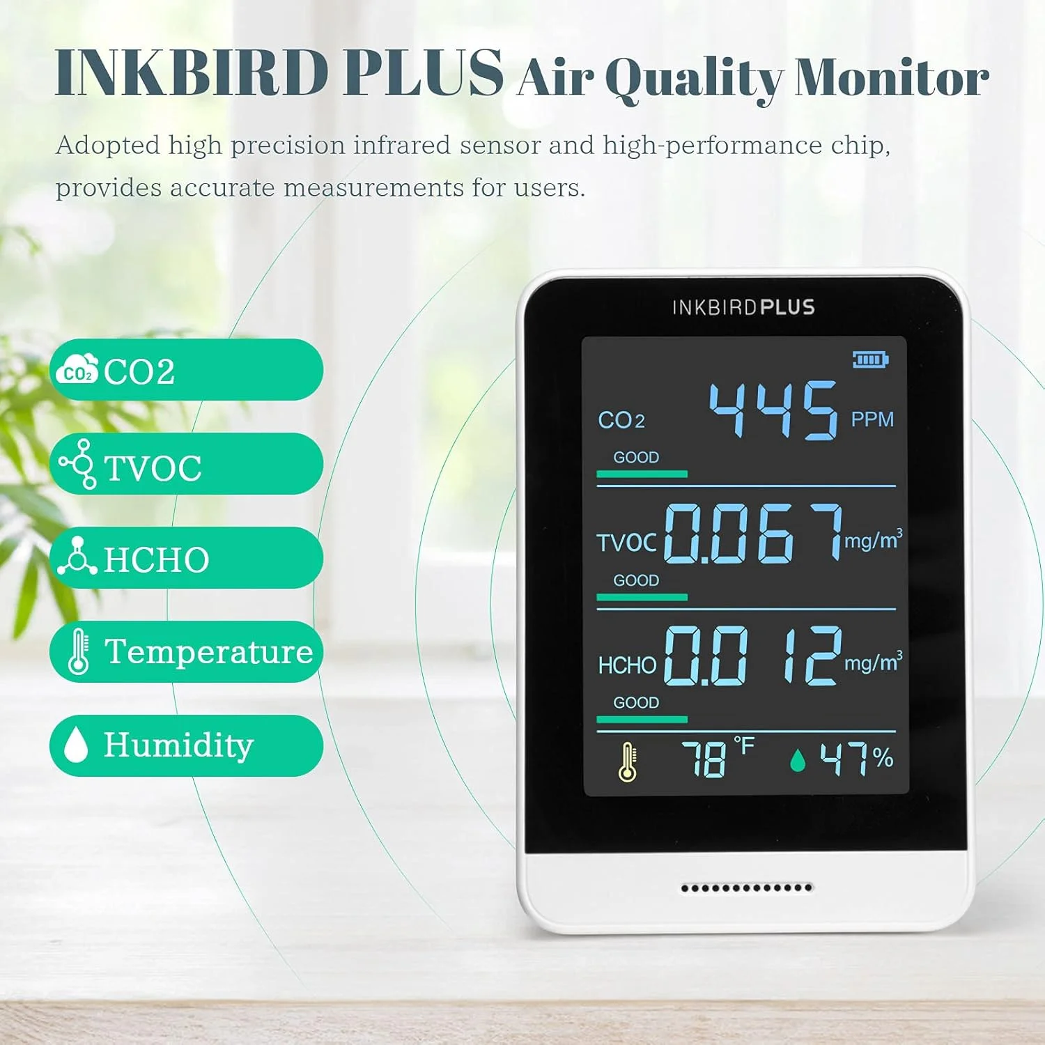 مانیتور کیفیت هوا INKBIRDPLUS AK3، دستگاه تست دقیق CO2 داخلی برای فرمالدهید (HCHO)، TVOC، دما و رطوبت نسبی، آشکارساز گاز در زمان واقعی با محدوده 350 تا 2000ppm