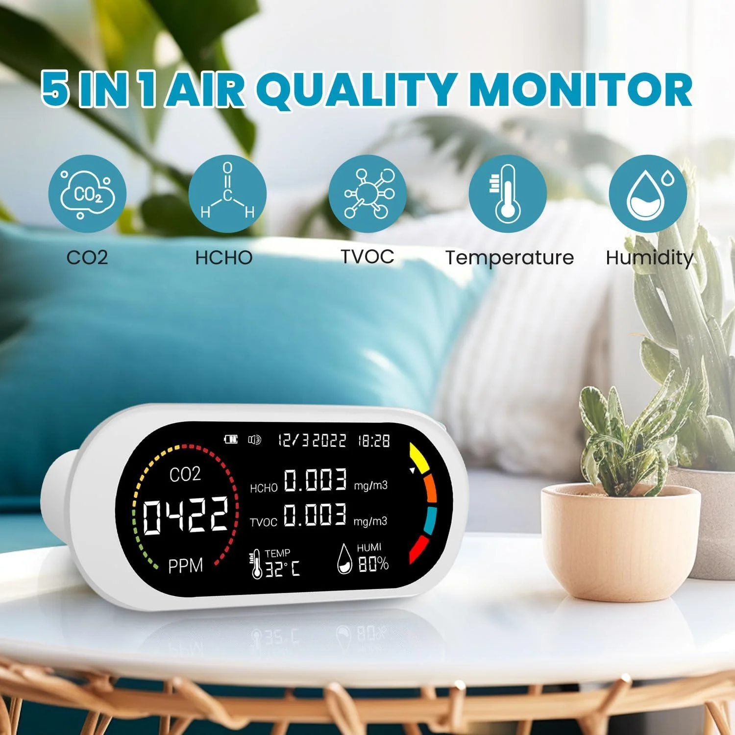 مانیتور کیفیت هوای اینکبرد، دستگاه تشخیص دی اکسید کربن 5 در 1، ردیاب فرمالدهید، دما و رطوبت با آلارم صوتی و تصویری، تست لحظه ای، دارای باتری برای خانه، دفتر و مدرسه مانیتور کیفیت هوای اینکبرد، دستگاه تشخیص دی اکسید کربن 5 در 1، ردیاب فرمالدهید، دما و رطوبت با آلارم صوتی و تصویری، تست لحظه ای، دارای باتری برای خانه، دفتر و مدرسه