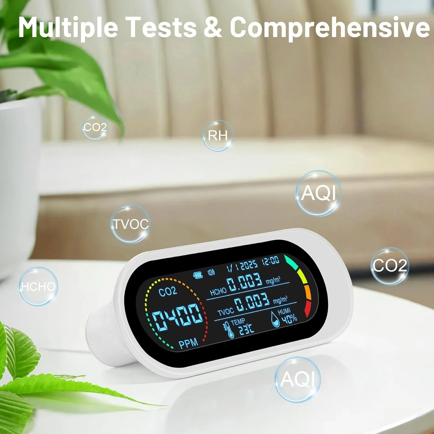 دستگاه سنجش کیفیت هوای داخل خانه KASTWAVE - تستر هوای قابل حمل 5 در 1 با قابلیت تشخیص CO2، TVOC و HCHO | آلارم دی اکسید کربن | ایده آل برای خانه، دفتر، مدرسه، مسافرت و استفاده در خودرو دستگاه سنجش کیفیت هوای داخل خانه KASTWAVE - تستر هوای قابل حمل 5 در 1 با قابلیت تشخیص CO2، TVOC و HCHO | آلارم دی اکسید کربن | ایده آل برای خانه، دفتر، مدرسه، مسافرت و استفاده در خودرو