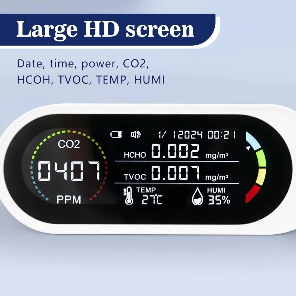 دستگاه سنجش کیفیت هوای KASTWAVE، قابل حمل، CO2، فرمالدئید، دما، رطوبت، با آلارم صوتی و تصویری برای خانه، دفتر و مدرسه، تست لحظه ای، باطری خور