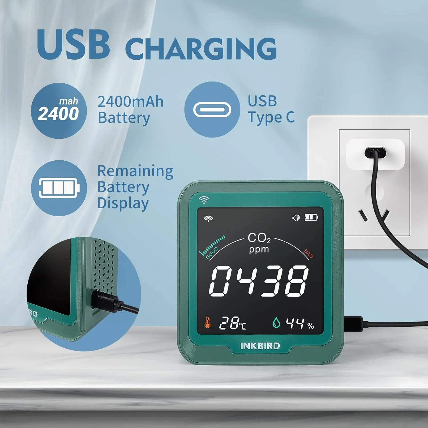 مانیتور دی اکسید کربن وای فای INKBIRD INK-CO2W، ردیاب کیفیت هوای داخلی 3 در 1، دماسنج رطوبت سنج دی اکسید کربن، آلارم CO2، کنترل برنامه، صفحه نمایش دارای نور پس زمینه مانیتور دی اکسید کربن وای فای INKBIRD INK-CO2W، ردیاب کیفیت هوای داخلی 3 در 1، دماسنج رطوبت سنج دی اکسید کربن، آلارم CO2، کنترل برنامه، صفحه نمایش دارای نور پس زمینه