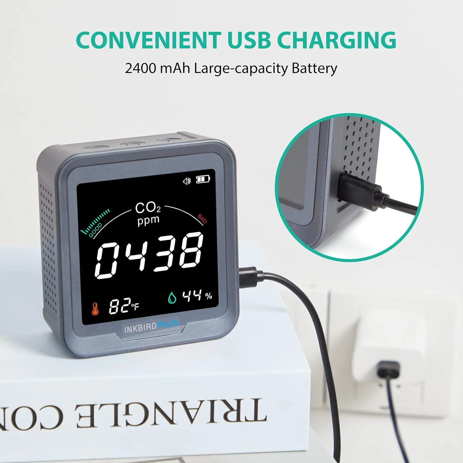 دستگاه تشخیص دی اکسید کربن INKBIRDPLUS، مانیتور کیفیت هوا، تستر دی اکسید کربن، دما و رطوبت نسبی، مانیتور دی اکسید کربن داخلی با آلارم، برای گلخانه ها، انبارهای شراب، خانه ها، ماشین ها (PTH-9C)