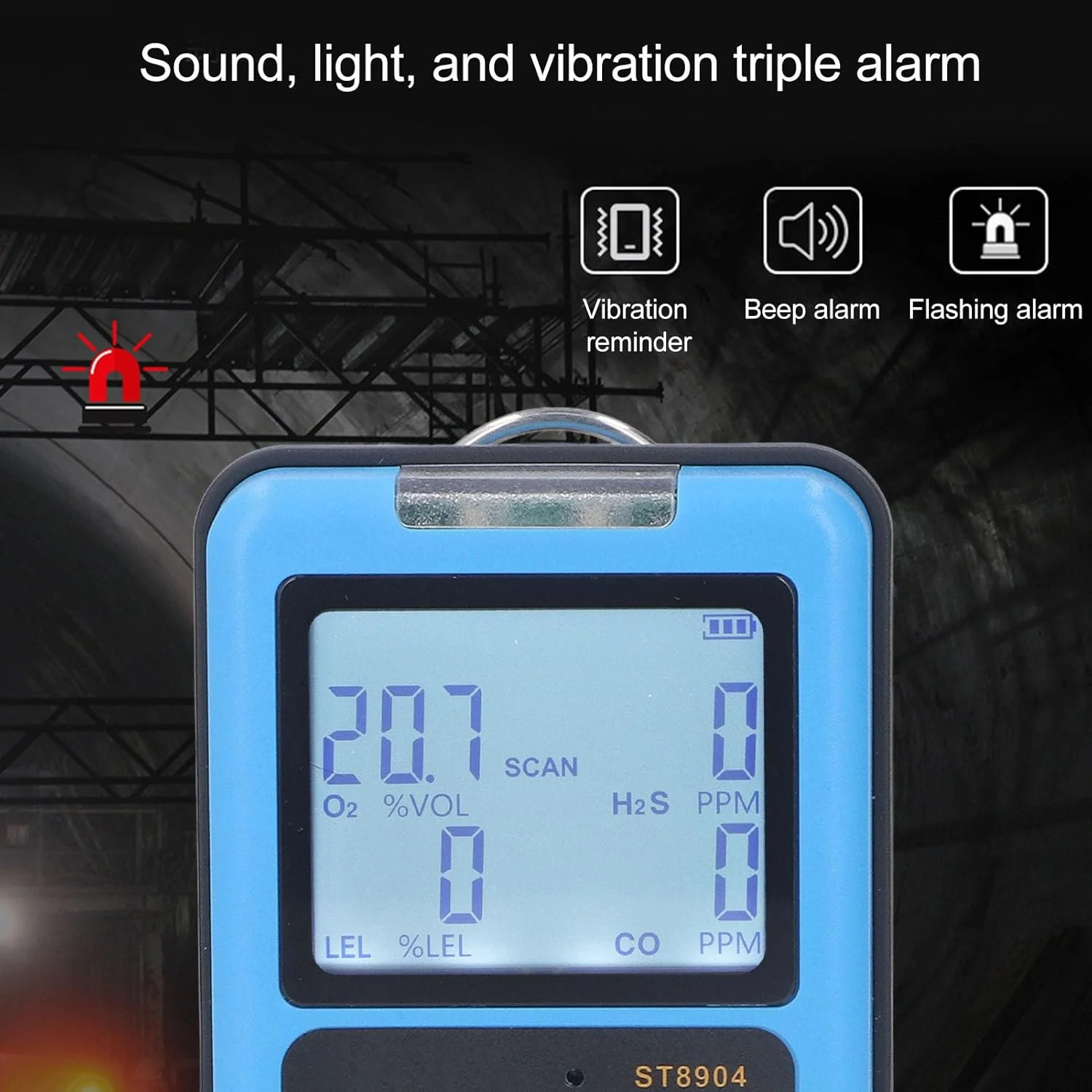 دستگاه تشخیص گاز قابل حمل BROLEO، مانیتور 4 گاز H2S، O2، CO و LEL با آلارم صوتی، نوری و لرزشی، صفحه نمایش LCD قابل شارژ، تستر کیفیت هوا چندگانه برای خانه و آشپزخانه