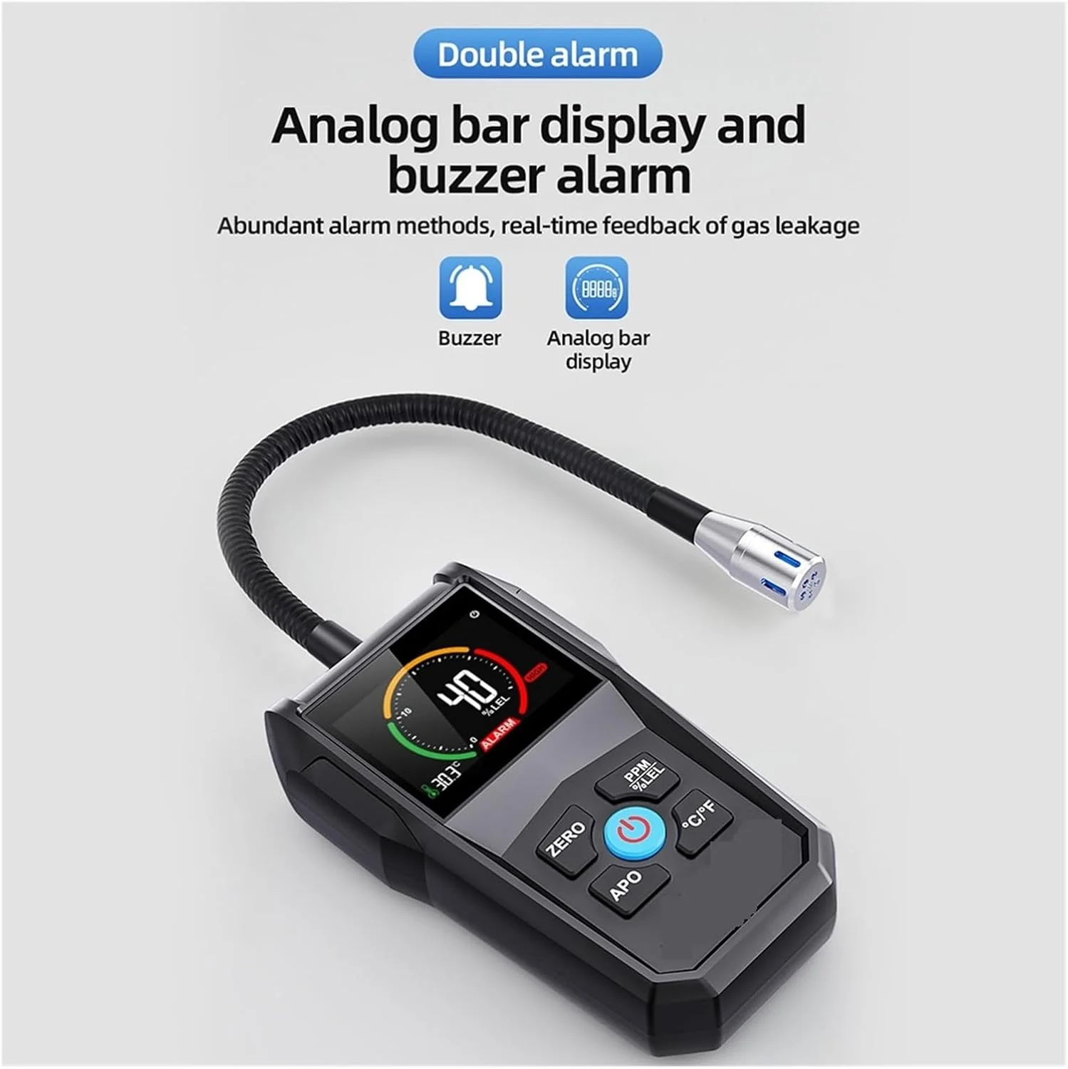 دستگاه تشخیص گازهای قابل اشتعال، تستر نشت گاز با دقت بالا، نمایشگر معکوس VA، آلارم صوتی و نوری، مانیتور گازهای قابل اشتعال