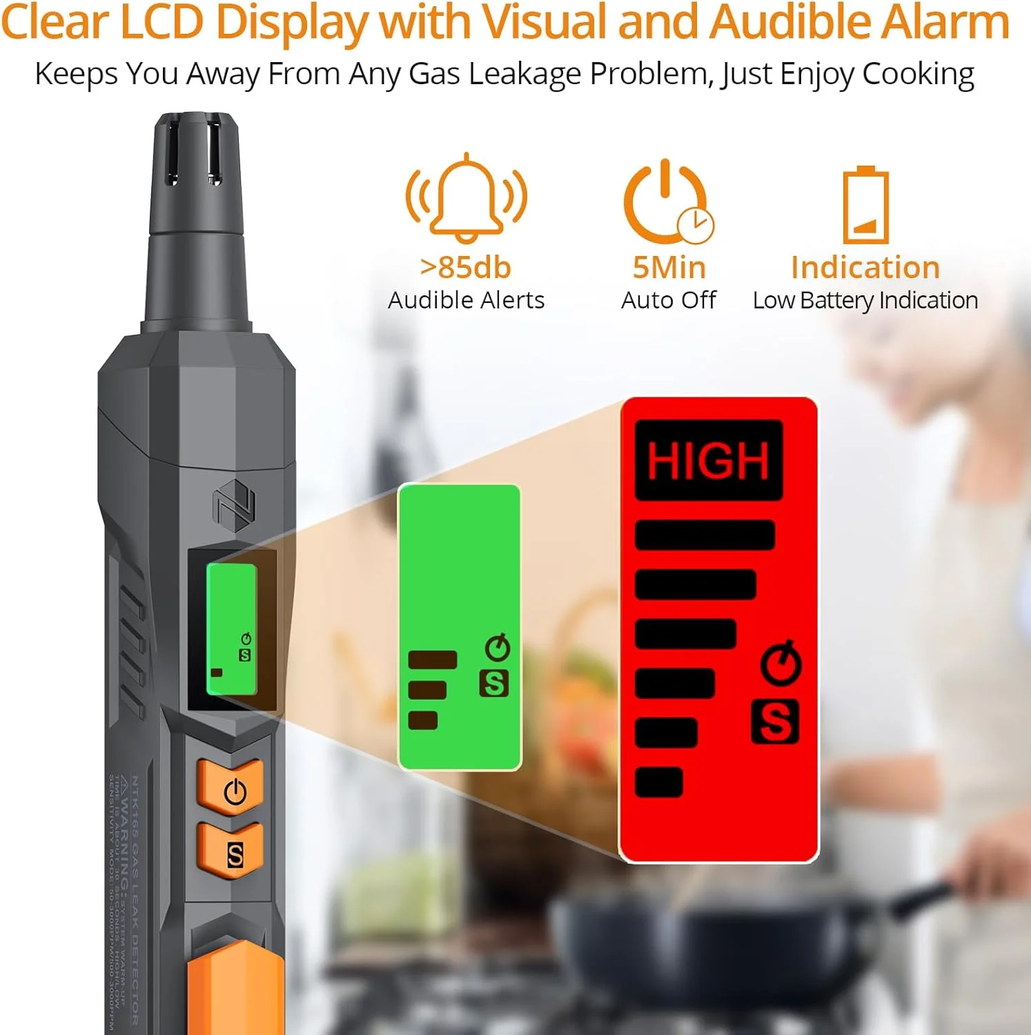 نئوتک آشکارساز نشت گاز، آشکارساز گاز طبیعی با آلارم صوتی و بصری، بوکش قابل حمل گاز برای تعیین محل منابع نشت گازهای قابل احتراق مانند متان، پروپان برای خانه - نارنجی