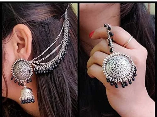 ست جواهرات گوشواره و مانگ تیکا شیک و طرح عتیقه نقره آلمانی اکسیدایز شده جدیدترین مدل Shining Diva Fashion برای زنان ست جواهرات گوشواره و مانگ تیکا شیک و طرح عتیقه نقره آلمانی اکسیدایز شده جدیدترین مدل Shining Diva Fashion برای زنان