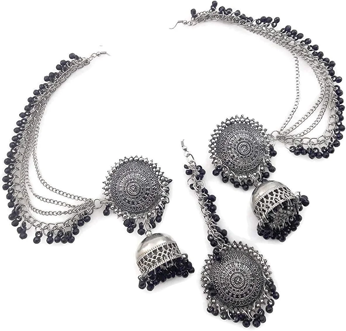 ست جواهرات گوشواره و مانگ تیکا شیک و طرح عتیقه نقره آلمانی اکسیدایز شده جدیدترین مدل Shining Diva Fashion برای زنان ست جواهرات گوشواره و مانگ تیکا شیک و طرح عتیقه نقره آلمانی اکسیدایز شده جدیدترین مدل Shining Diva Fashion برای زنان