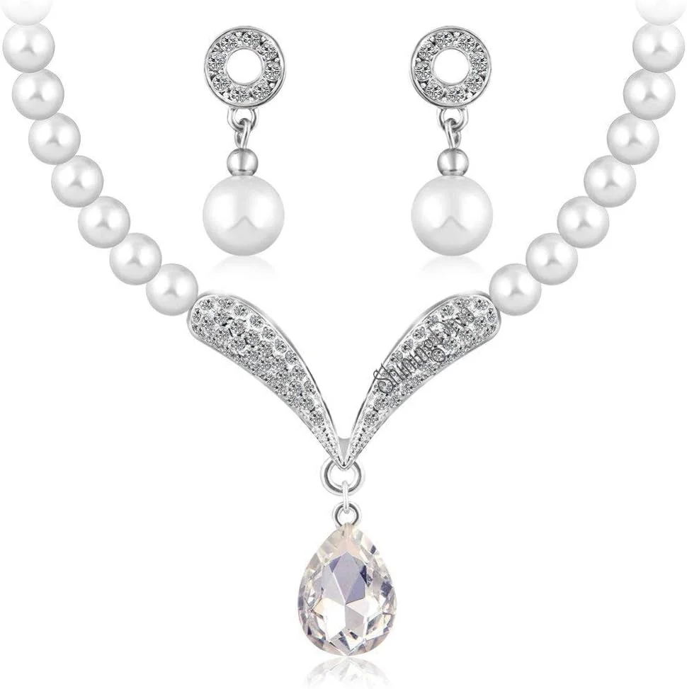 ست گردنبند مرواریدی مجلسی زنانه Shining Diva Fashion با کریستال و گوشواره (سفید)(rrsd8494s)