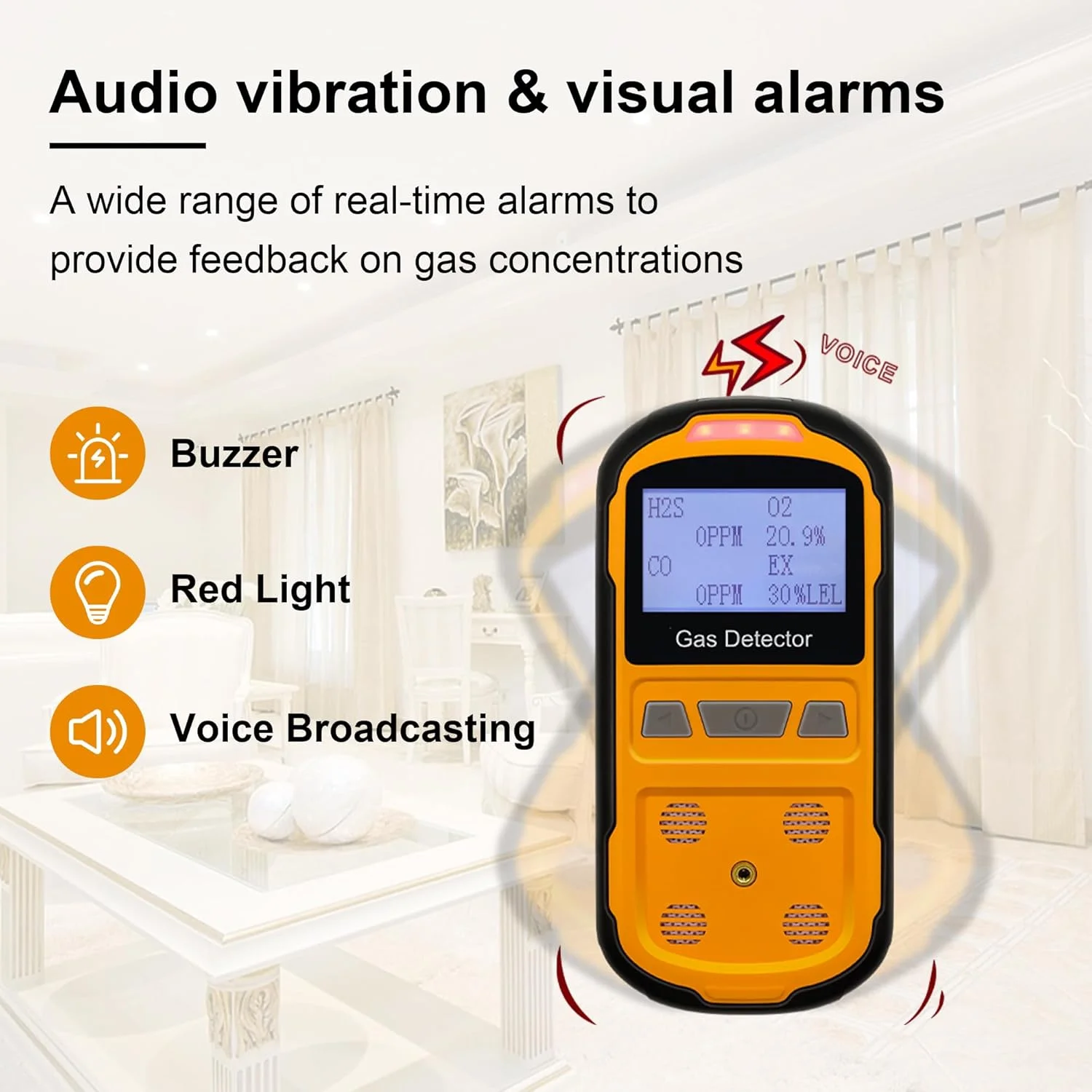 دستگاه تشخیص نشت گاز Scondaor برای H2S CO O2 و LEL، دستگاه قابل حمل چندگانه تشخیص گاز با آلارم های صوتی، تصویری و لرزشی، مانیتور گاز 4 در 1 دستی با صفحه نمایش LCD دیجیتال (نارنجی)