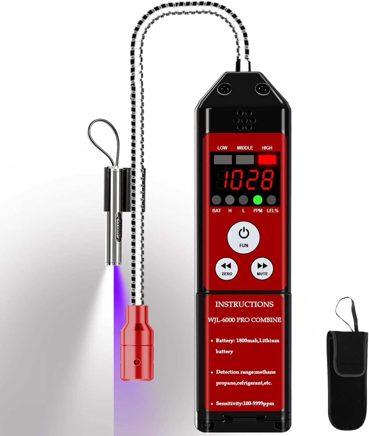 دستگاه نشت یاب مبرد ترکیبی WJL-6000PRO، دستگاه نشت یاب گازهای قابل احتراق و فریون با آلارم بلند، باتری قابل شارژ 1800 میلی آمپر ساعتی، نمایش PPM LEL% برای R134A R410A پروپان متان