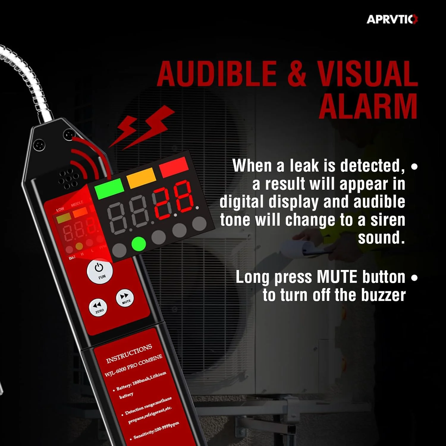 دستگاه نشت یاب مبرد ترکیبی WJL-6000PRO، دستگاه نشت یاب گازهای قابل احتراق و فریون با آلارم بلند، باتری قابل شارژ 1800 میلی آمپر ساعتی، نمایش PPM LEL% برای R134A R410A پروپان متان