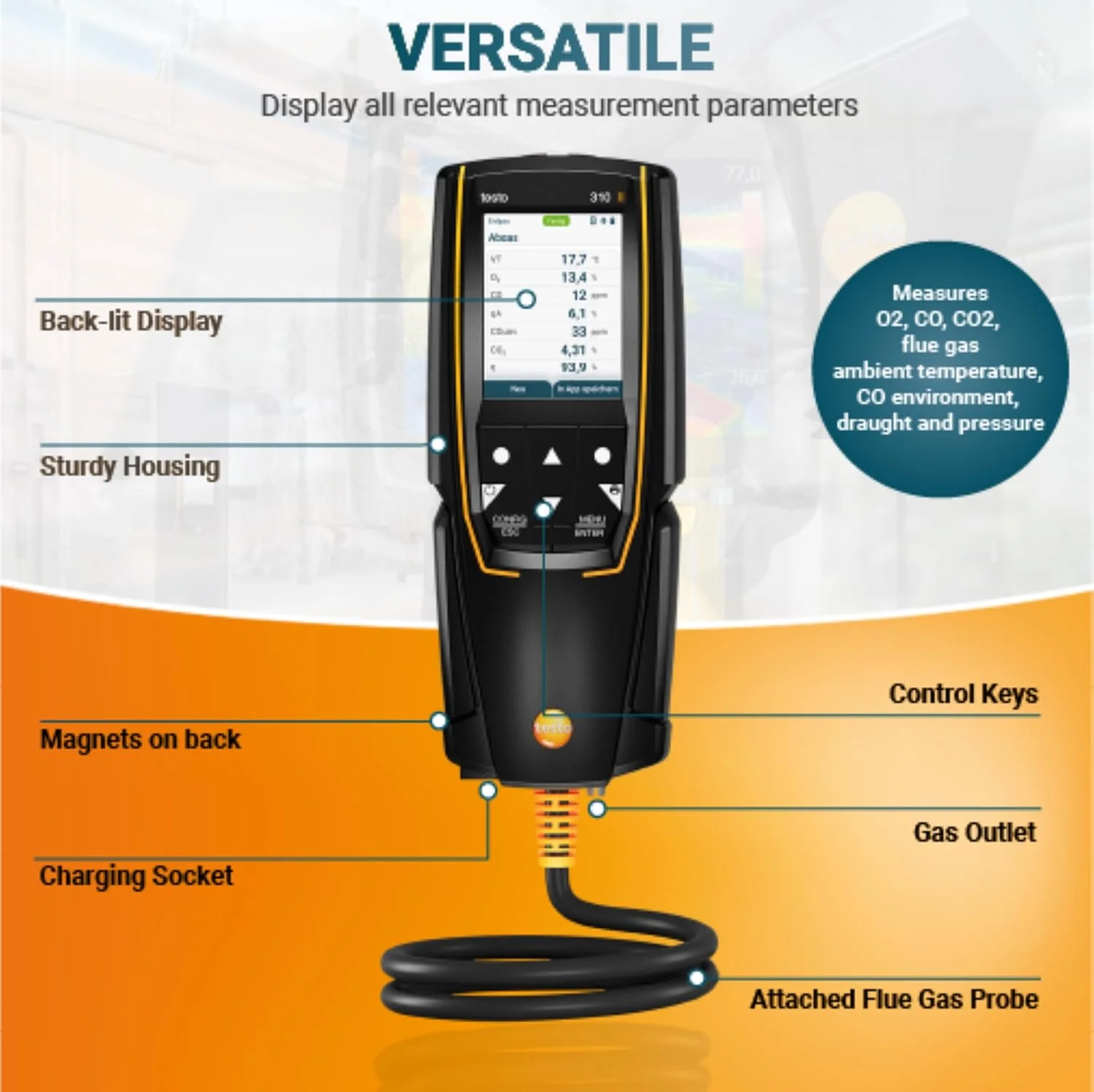 آنالایزر احتراق تستو 310 II – تست کننده نشت احتراق برای دما، گاز دودکش و فشار – آنالایزر HVAC – آشکارساز نشت گاز با برنامه هوشمند و پروب