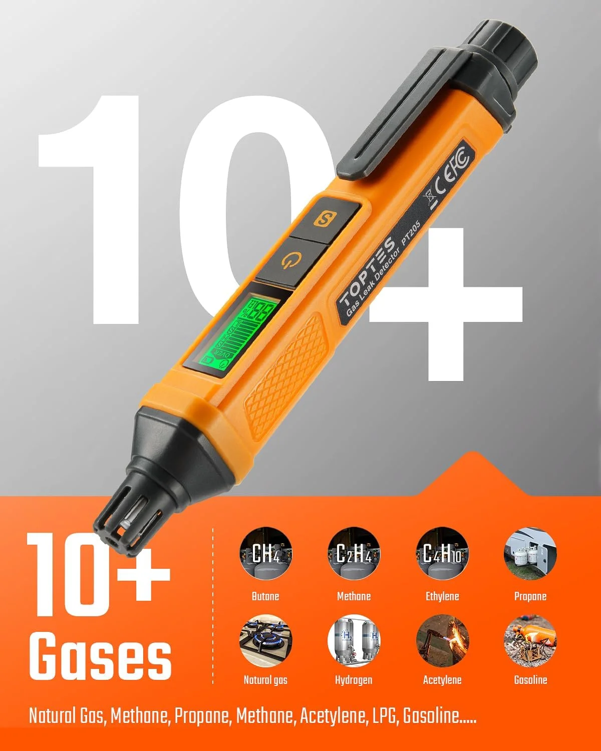 آشکارساز گاز طبیعی TOPTES مدل PT205، آشکارساز نشت گاز با آلارم صوتی و بصری، آشکارساز نشت پروپان با مقدار %LEL متان، بوتان و گاز قابل احتراق برای خانه، RV (شامل باتریx2) - نارنجی