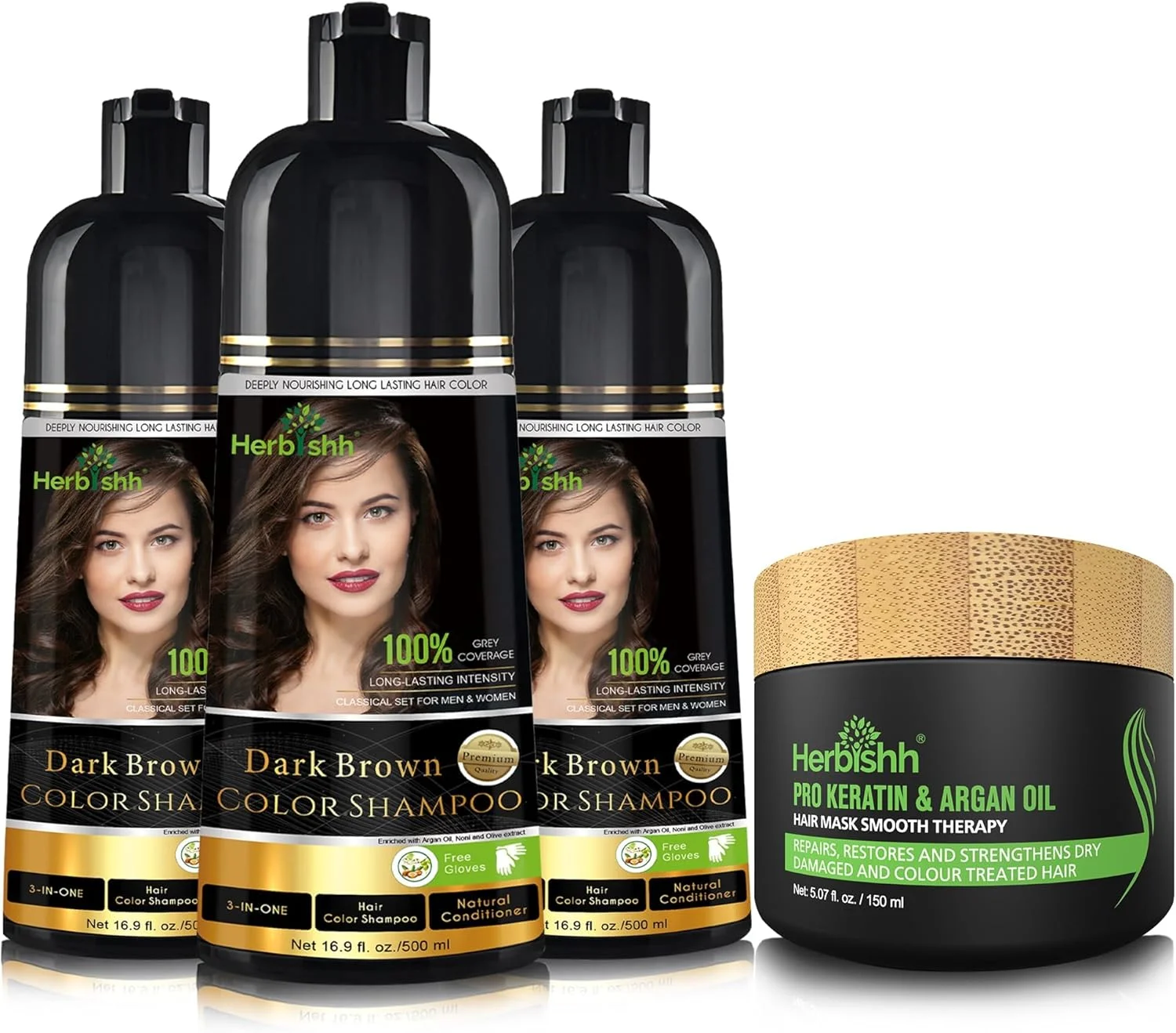 کیت شامپو رنگ موی نهایی هربیش (۳ عدد شامپو رنگ مو + ۱ ماسک موی آرگان) شامپو رنگ موی صاف و بادوام برای موهای سفید مردان و زنان، استفاده آسان و سریع - Combo4 (قهوه ای تیره) کیت شامپو رنگ موی نهایی هربیش (۳ عدد شامپو رنگ مو + ۱ ماسک موی آرگان) شامپو رنگ موی صاف و بادوام برای موهای سفید مردان و زنان، استفاده آسان و سریع - Combo4 (قهوه ای تیره)