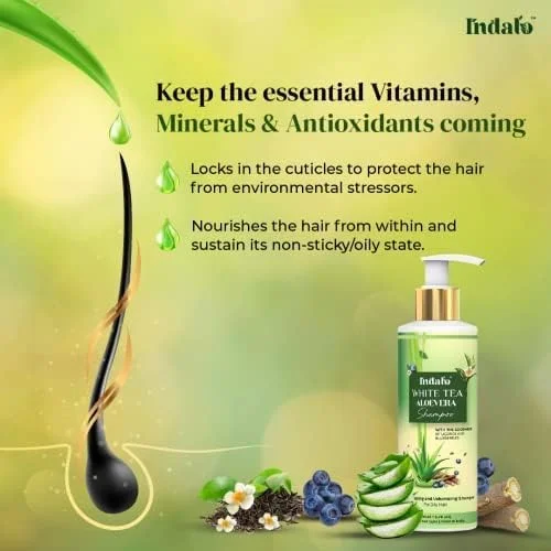 شامپو تقویت کننده و حجم دهنده مو چای سفید و آلوئه ورا ایندالو، 200 میلی لیتر، حاوی شیرین بیان و بلوبری برای موهای چرب، فاقد پارابن، فاقد سولفات، مناسب برای آقایان و بانوان شامپو تقویت کننده و حجم دهنده مو چای سفید و آلوئه ورا ایندالو، 200 میلی لیتر، حاوی شیرین بیان و بلوبری برای موهای چرب، فاقد پارابن، فاقد سولفات، مناسب برای آقایان و بانوان
