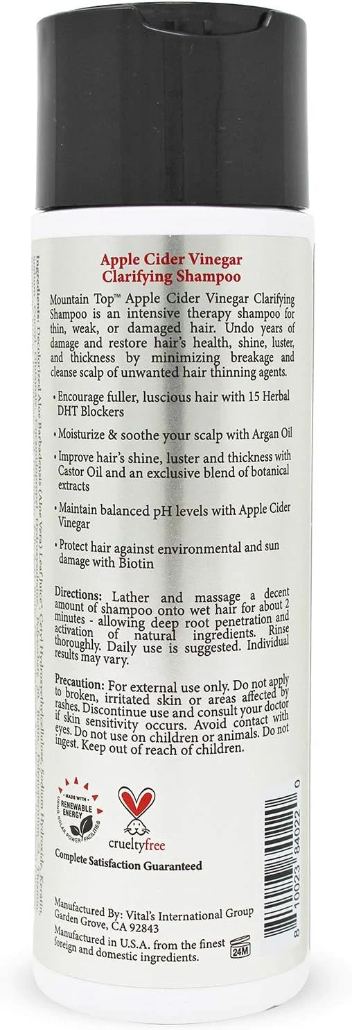 شامپو سرکه سیب MOUNTAIN TOP (273 میلی لیتر) حاوی بیوتین و روغن کرچک - شفاف کننده، برای موهای پرپشت تر و ضخیم تر - فاقد پارابن و سولفات - مناسب انواع مو، آقایان و بانوان