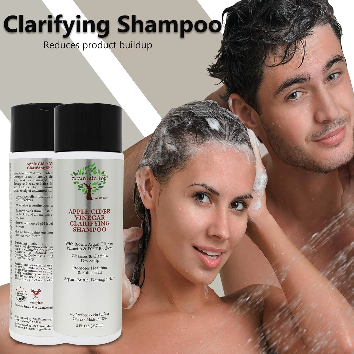 شامپو سرکه سیب MOUNTAIN TOP (273 میلی لیتر) حاوی بیوتین و روغن کرچک - شفاف کننده، برای موهای پرپشت تر و ضخیم تر - فاقد پارابن و سولفات - مناسب انواع مو، آقایان و بانوان
