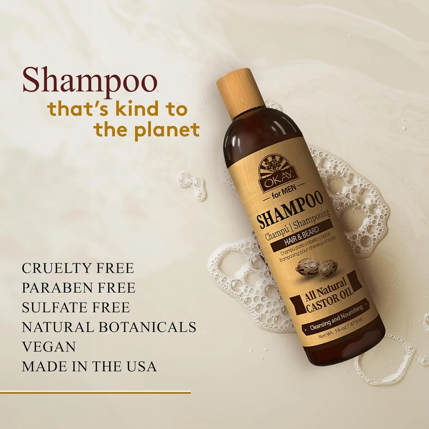 اوکی برای آقایان | شامپو ریش، مو، پاک کننده سبیل حاوی روغن کرچک | تقویت کننده، پاک کننده، نرم کننده، حالت دهنده | مناسب برای انواع مو | فاقد پارابن، سیلیکون، سولفات | 473 میلی لیتر