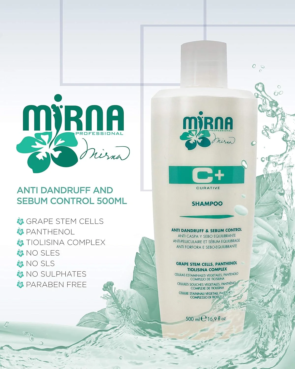 شامپو ضد شوره و کنترل چربی موی سر میرنا پروفشنال. ساخته شده با سلول های بنیادی انگور، کمپلکس تیوسیلینا و پروتئین های هیدرولیز شده گندم برای استفاده روزانه روی پوست سر و موهای چرب 500 میلی لیتر