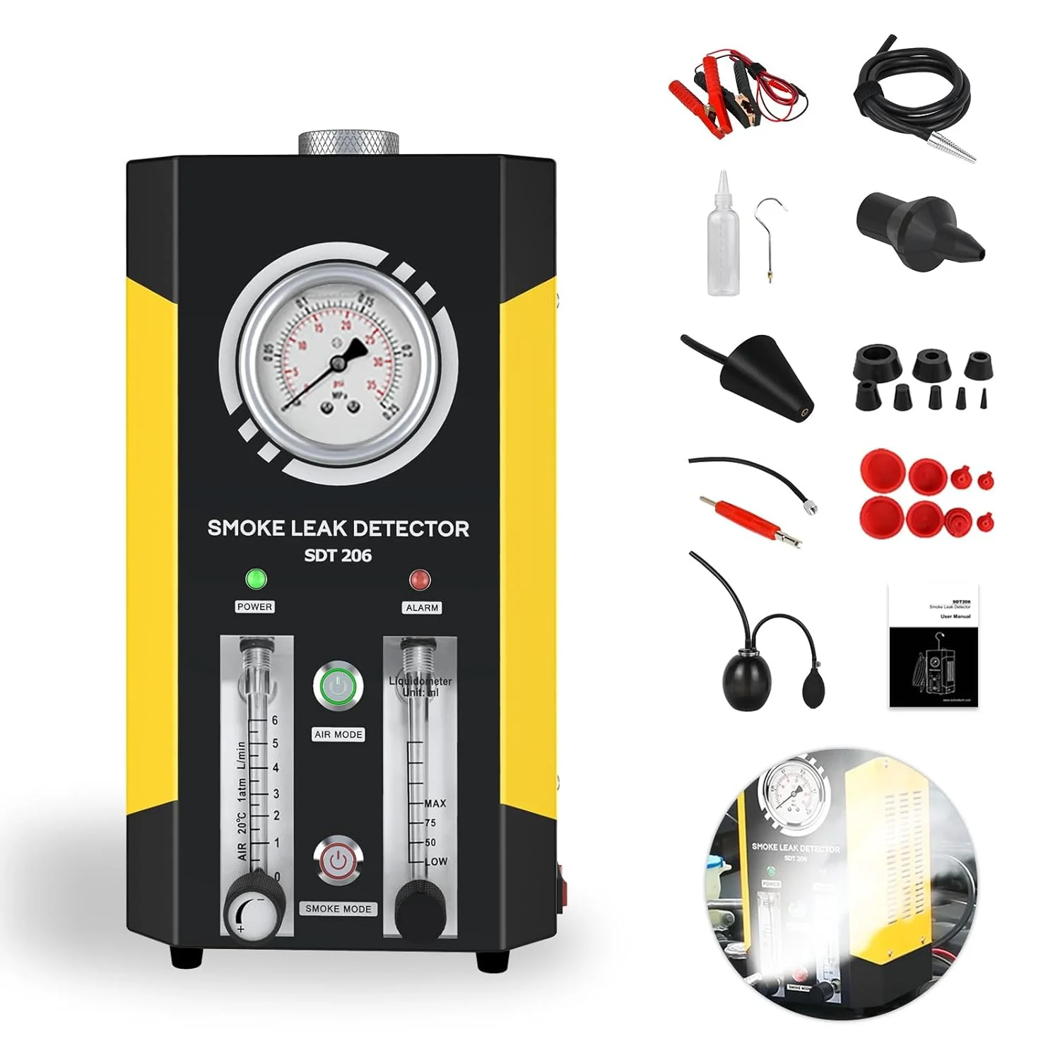 دستگاه تست دود خودرو AUTOOL، آشکارساز نشت دود EVAP، تستر تشخیصی نشت سوخت، تستر نشت سیستم لوله کشی خودرو در حالت دود/هوا، تستر نشت دود EVAP برای قایق خودرو 12 ولت با فلومتر