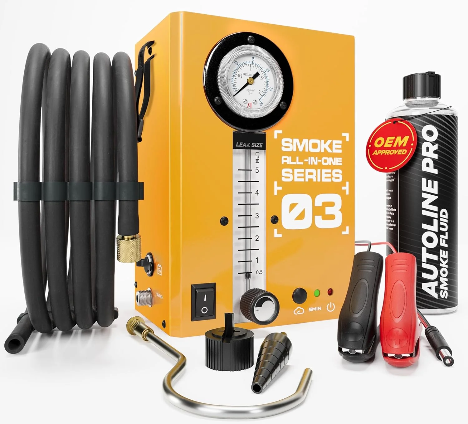 دستگاه تست نشت یاب دود خودرو مدل 03 با موتور هوای داخلی و فشار سنج - کیت ابزار آشکارساز دود اگزوز - دستگاه دود خودرو با فلومتر و مایع دود، نارنجی
