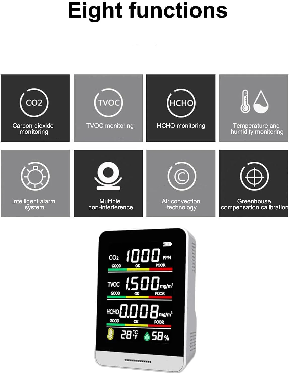 دتکتور دی اکسید کربن، مانیتور کیفیت هوا، تستر دما و رطوبت نسبی با دقت بالا به همراه سیستم هشدار غلظت بیش از حد CO2