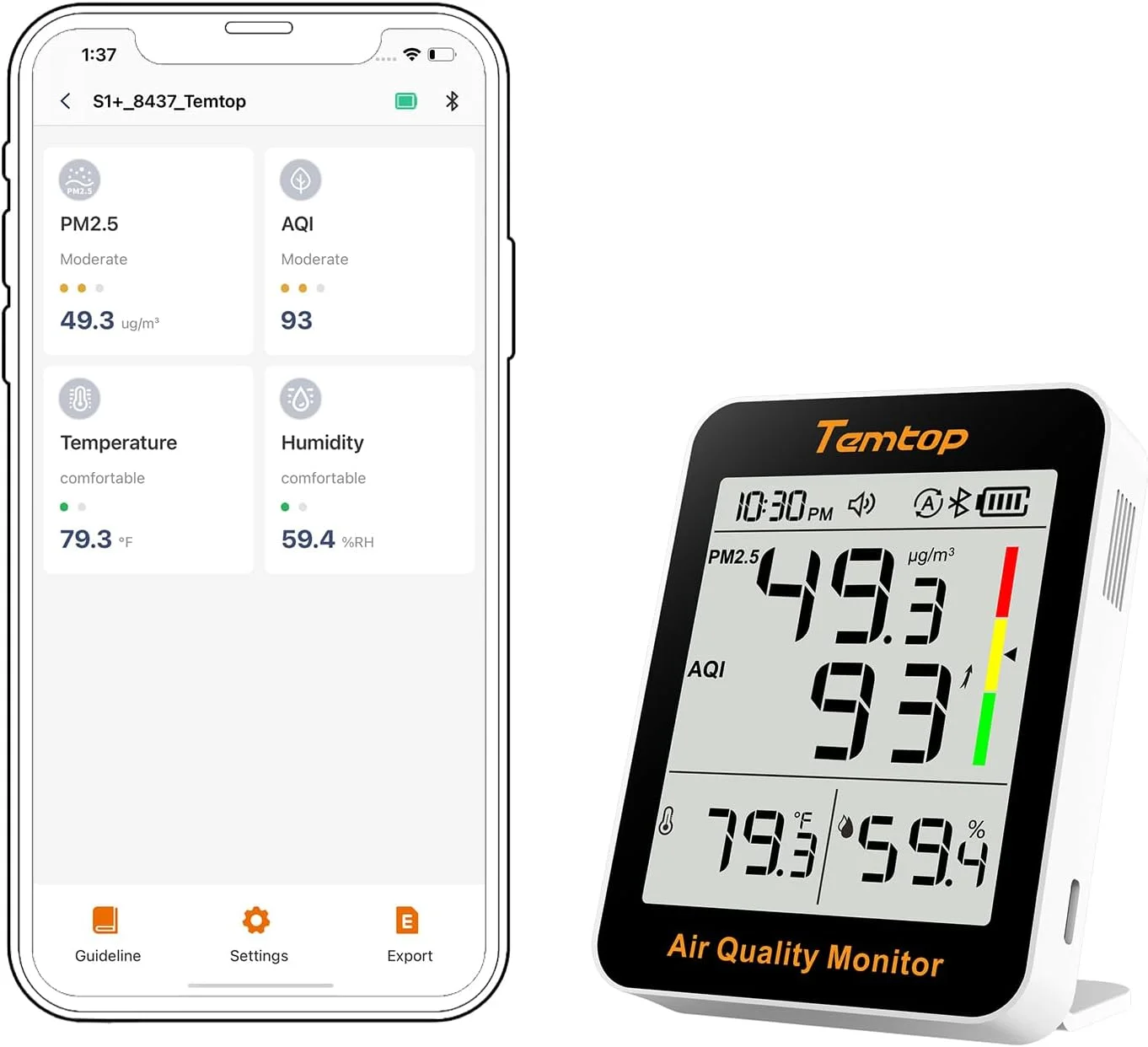 دستگاه سنجش کیفیت هوای هوشمند Temtop - دستگاه سنجش کیفیت هوای داخل با قابلیت تشخیص PM2.5، AQI، دما و رطوبت برای خانه، دفتر یا مدرسه؛ اتصال به برنامه، عمر باتری 60 روزه