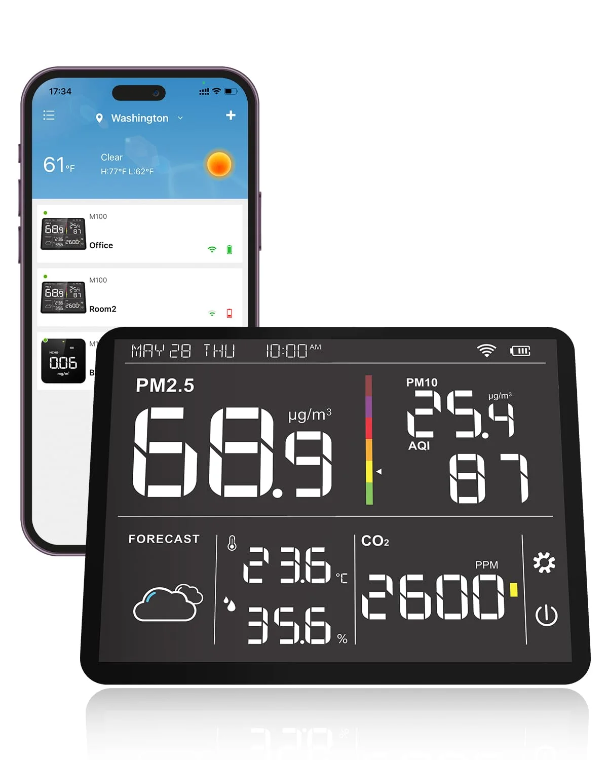 ایستگاه سنجش کیفیت هوا Temtop مدل M100، نمایشگر کیفیت هوا PM2.5، تستر CO2، ایستگاه پیش‌بینی بی‌سیم، نمایشگر LCD رنگی