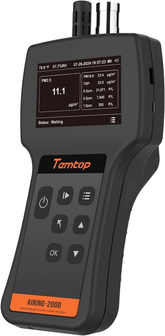 ذره‌شمار دستی Temtop برای ذرات 0.3µm، 0.5µm، 1.0µm، مانیتور ذرات PM2.5، PM10، TSP، آشکارساز دما و رطوبت