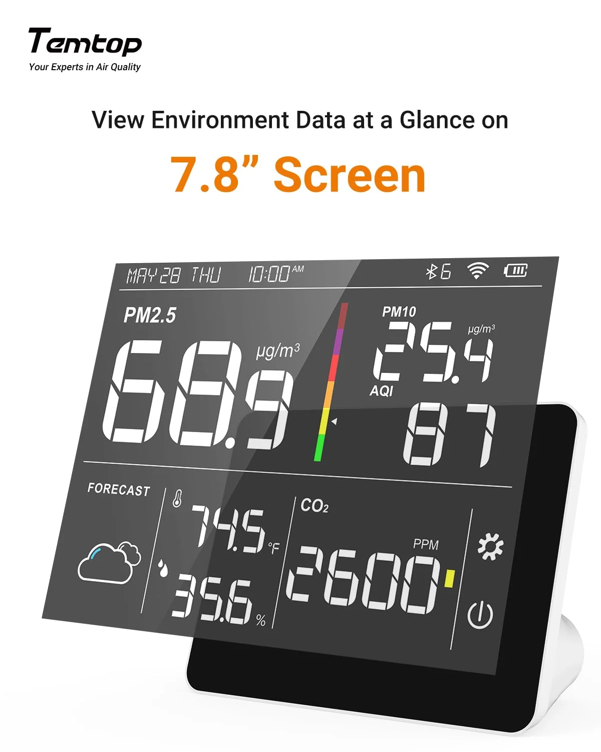 ایستگاه سنجش کیفیت هوا Temtop مدل M100، نمایشگر کیفیت هوا PM2.5، تستر CO2، ایستگاه پیش‌بینی بی‌سیم، نمایشگر LCD رنگی