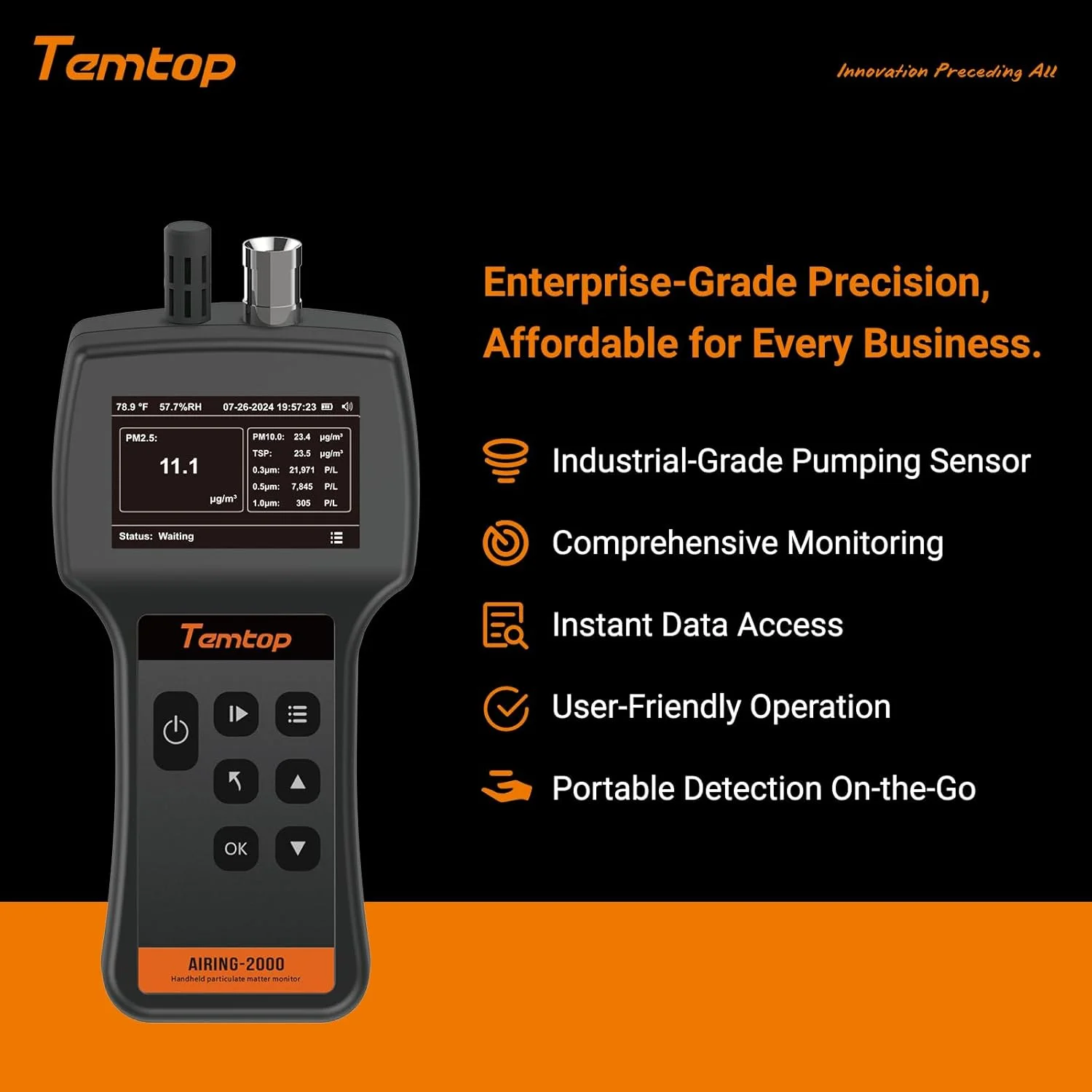 ذره‌شمار دستی Temtop برای ذرات 0.3µm، 0.5µm، 1.0µm، مانیتور ذرات PM2.5، PM10، TSP، آشکارساز دما و رطوبت