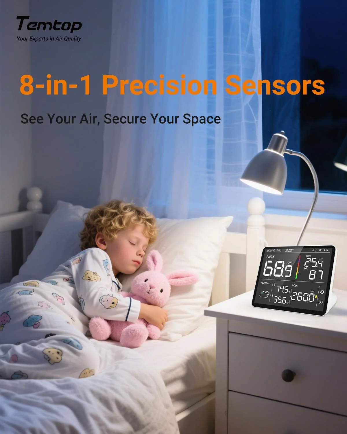 ایستگاه سنجش کیفیت هوا Temtop مدل M100، نمایشگر کیفیت هوا PM2.5، تستر CO2، ایستگاه پیش‌بینی بی‌سیم، نمایشگر LCD رنگی