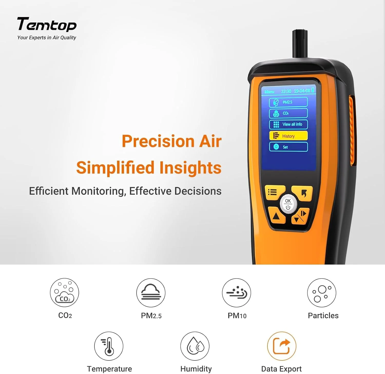 دستگاه سنجش کیفیت هوا Temtop مدل M2000C نسل دوم، حرفه ای برای اندازه گیری دی اکسید کربن، ذرات PM2.5 و PM10، دما و رطوبت، مناسب برای داخل و خارج از منزل، دارای آلارم صوتی و قابلیت انتقال داده دستگاه سنجش کیفیت هوا Temtop مدل M2000C نسل دوم، حرفه ای برای اندازه گیری دی اکسید کربن، ذرات PM2.5 و PM10، دما و رطوبت، مناسب برای داخل و خارج از منزل، دارای آلارم صوتی و قابلیت انتقال داده