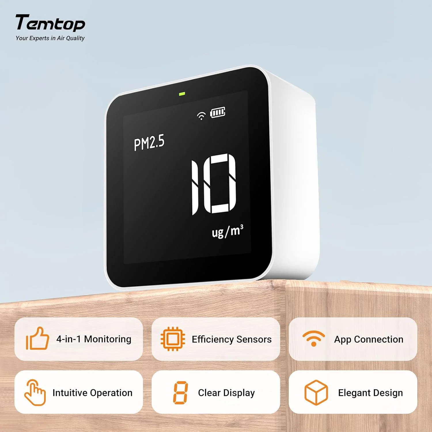 مانیتور کیفیت هوای داخلی Temtop M10i WiFi، آشکارساز PM2.5 TVOC AQI HCHO، داده های بلادرنگ از طریق برنامه مانیتور کیفیت هوای داخلی Temtop M10i WiFi، آشکارساز PM2.5 TVOC AQI HCHO، داده های بلادرنگ از طریق برنامه