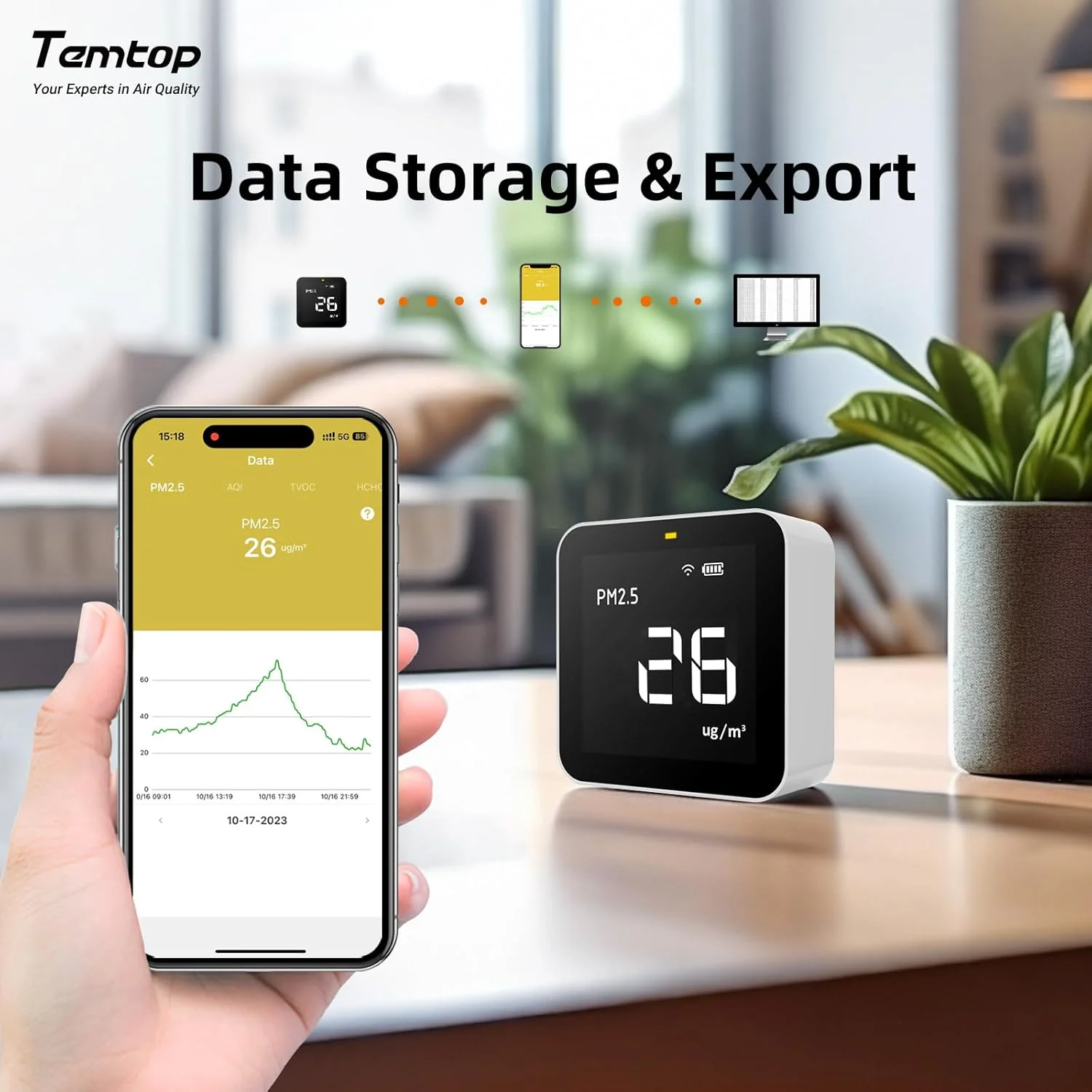 مانیتور کیفیت هوای داخلی Temtop M10i WiFi، آشکارساز PM2.5 TVOC AQI HCHO، داده های بلادرنگ از طریق برنامه مانیتور کیفیت هوای داخلی Temtop M10i WiFi، آشکارساز PM2.5 TVOC AQI HCHO، داده های بلادرنگ از طریق برنامه