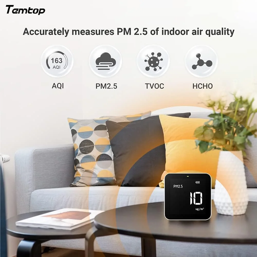 مانیتور کیفیت هوا Temtop M10 برای PM2.5/HCHO/TVOC/AQI، مانیتور هوشمند قابل حمل، باتری قابل شارژ