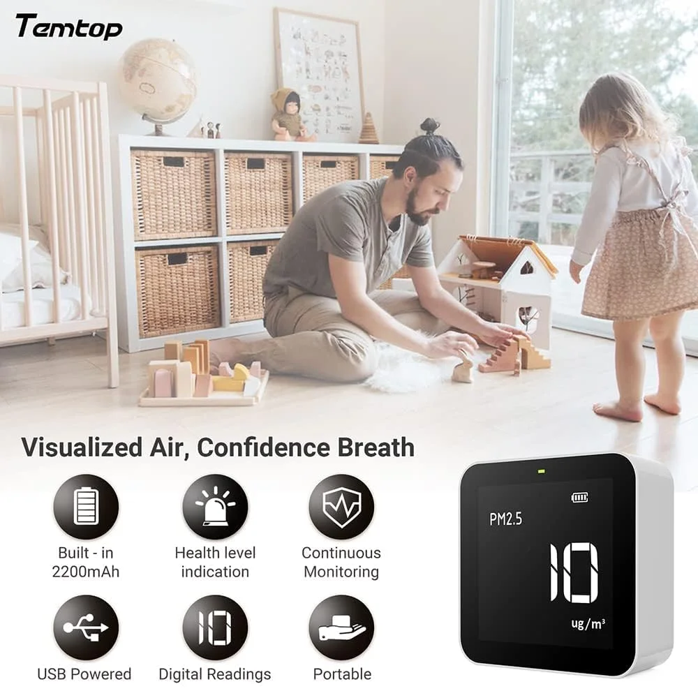 مانیتور کیفیت هوا Temtop M10 برای PM2.5/HCHO/TVOC/AQI، مانیتور هوشمند قابل حمل، باتری قابل شارژ