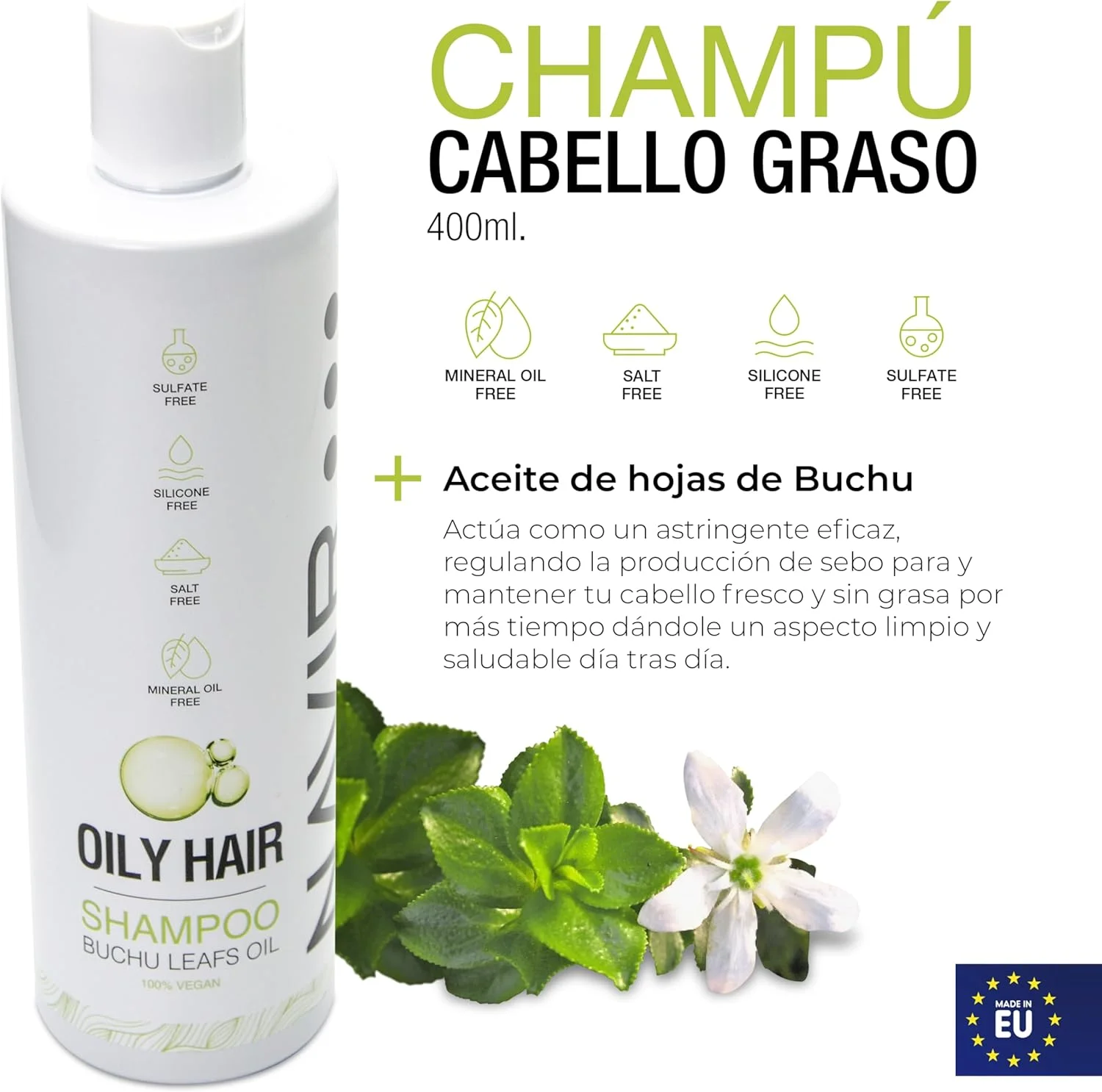 شامپو حرفه ای وگان ناوییر برای موهای چرب 400 میلی لیتر - حاوی عصاره بوچو، پانتنول و ویتامین E - ضد شوره و اگزما سبورئیک - بدون سولفات، سیلیکون، پارابن یا نمک