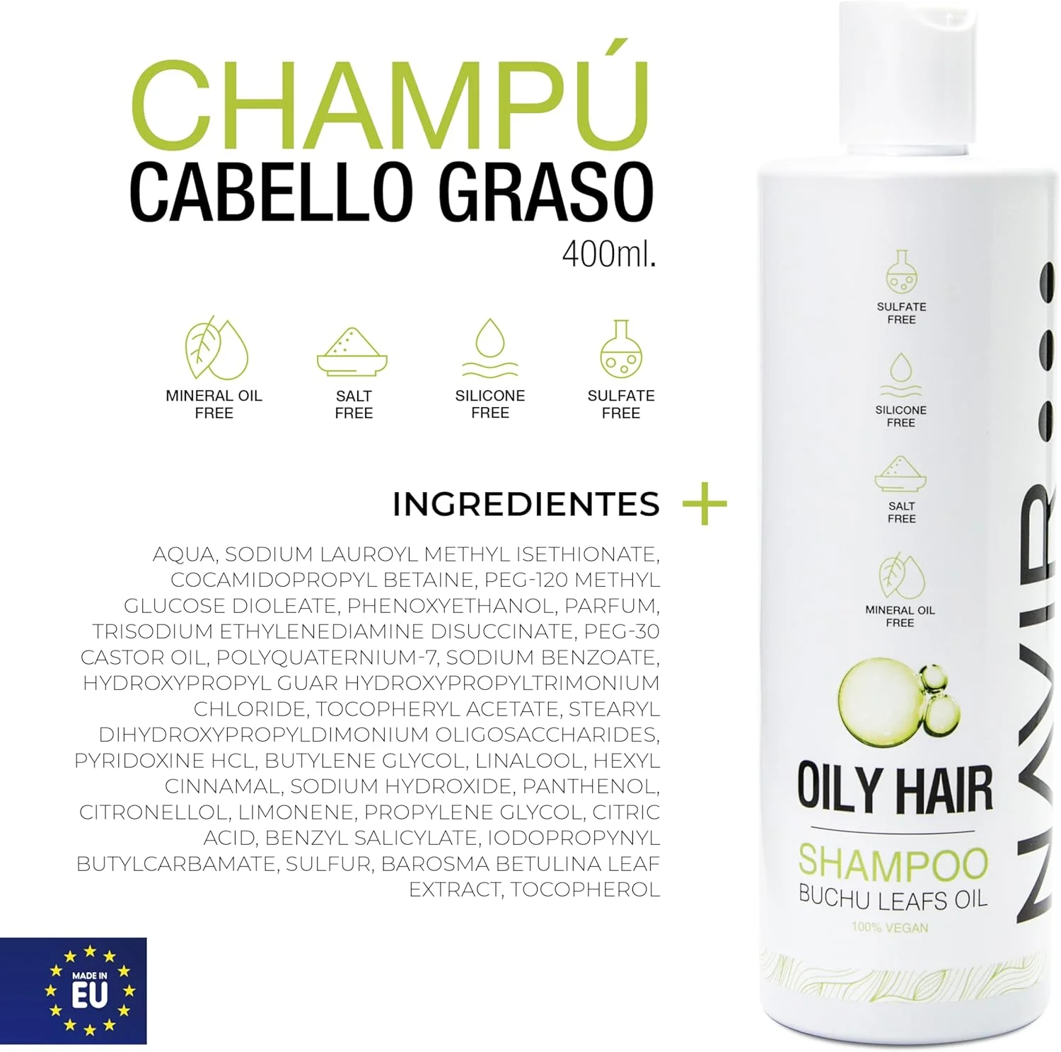 شامپو حرفه ای وگان ناوییر برای موهای چرب 400 میلی لیتر - حاوی عصاره بوچو، پانتنول و ویتامین E - ضد شوره و اگزما سبورئیک - بدون سولفات، سیلیکون، پارابن یا نمک