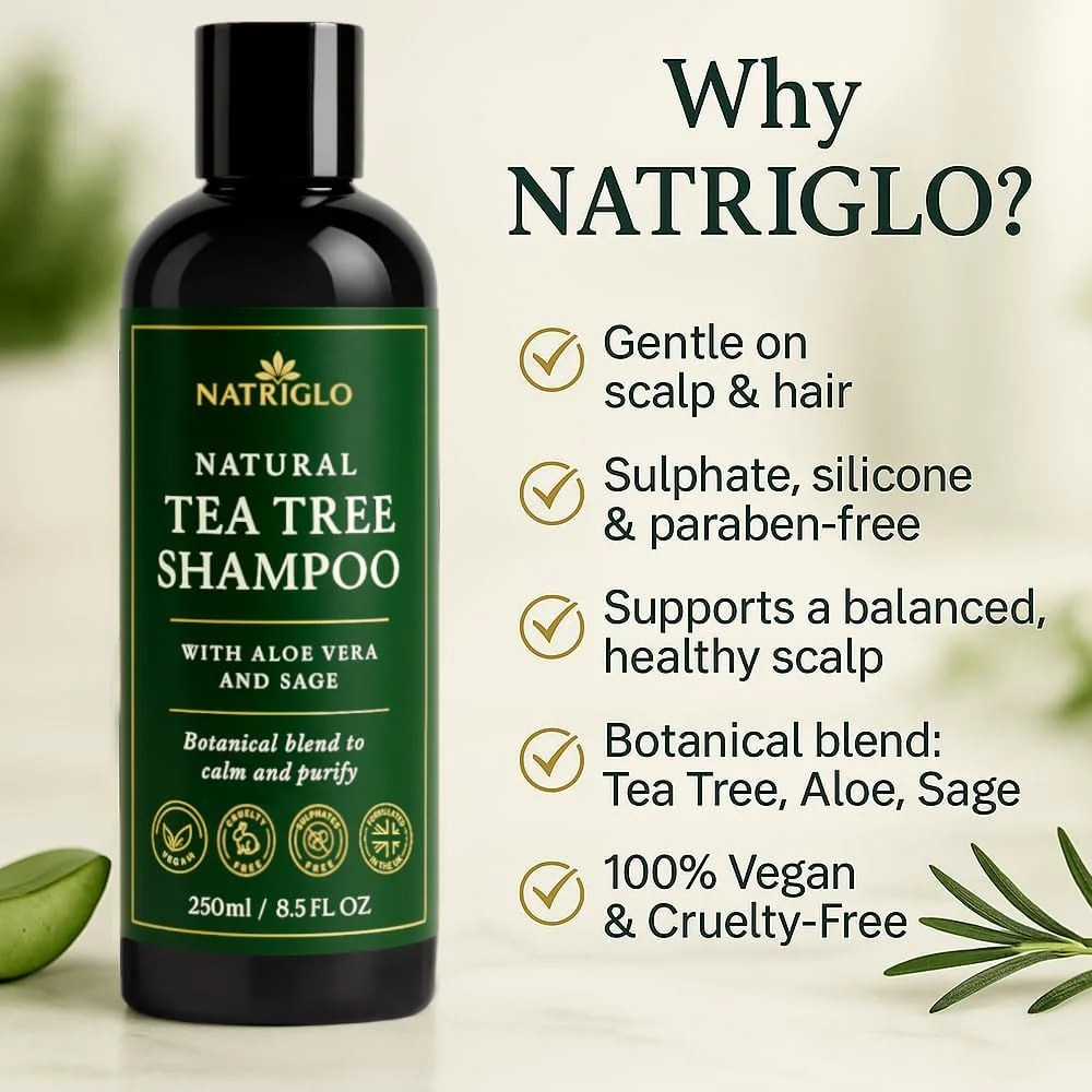 شامپو درخت چای NatriGlo برای پوست سر خشک و خارش دار | ارگانیک، ضد شوره، بدون سولفات، وگان و بدون تست حیوانی، بدون SLS یا پارابن شامپو درخت چای NatriGlo برای پوست سر خشک و خارش دار | ارگانیک، ضد شوره، بدون سولفات، وگان و بدون تست حیوانی، بدون SLS یا پارابن