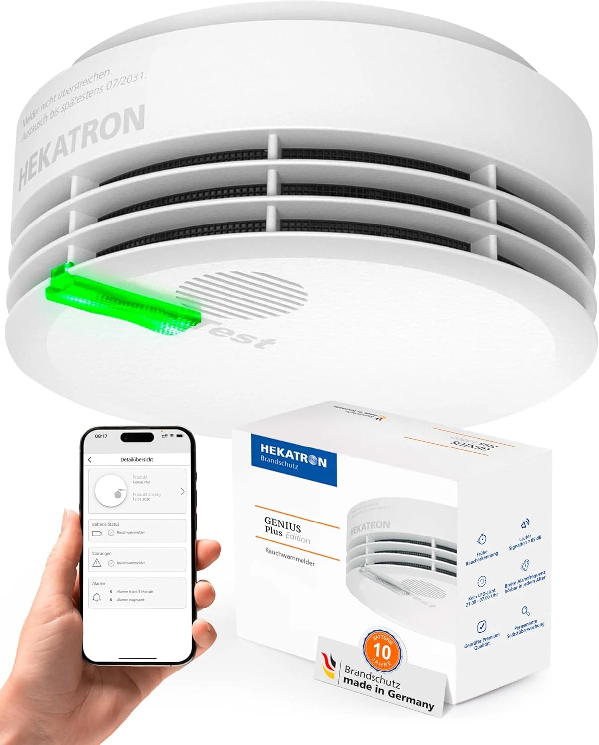 آشکارساز دود Hekatron Genius Plus Edition 2021 به همراه باتری و پدهای چسبی، سفید، روکش ساتن، بسته 1 عددی