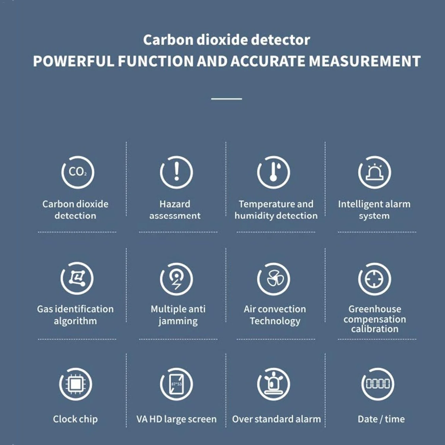 دستگاه تشخیص دی اکسید کربن، دستگاه هوشمند سنجش کیفیت هوا با سیستم هشدار اتوماتیک، برای پایش 24 ساعته و لحظه ای غلظت CO2، رطوبت و دمای محیط