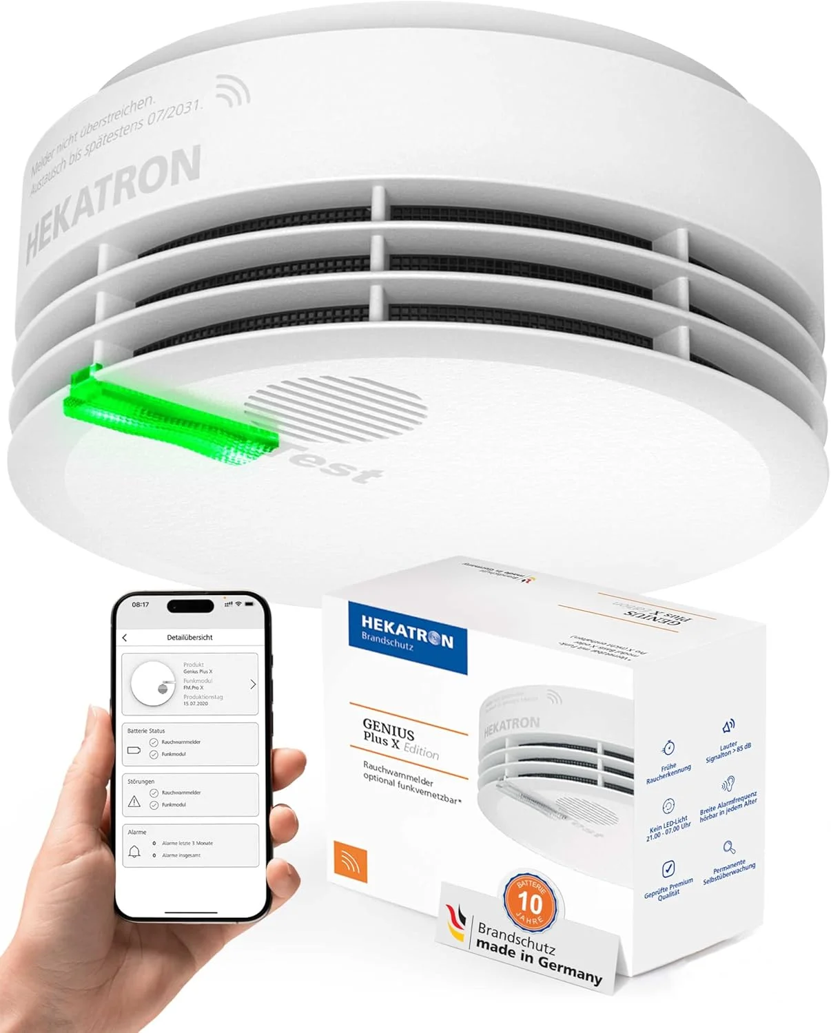 آشکارساز دود Hekatron Genius Plus X Edition 2021 - شامل باتری و پدهای چسبی - سفید