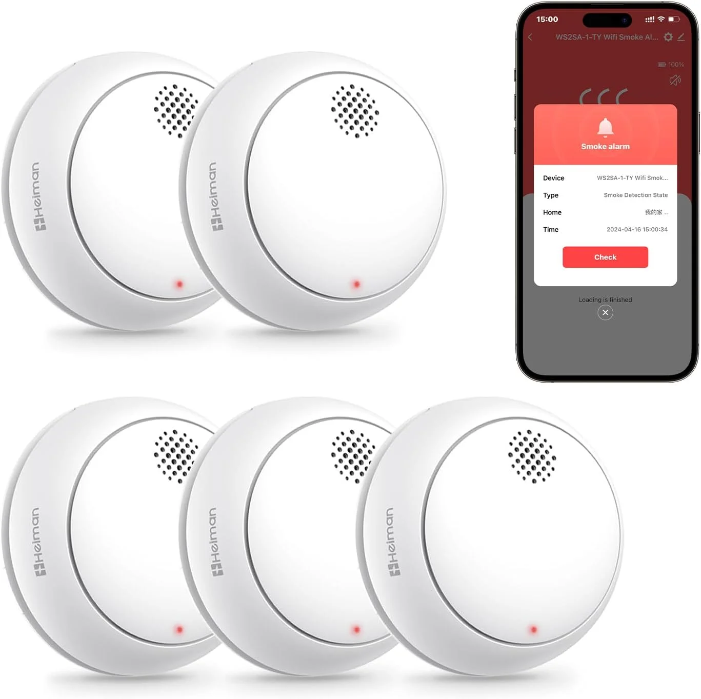 آشکارساز دود فوتوالکتریک بی سیم هوشمند وای فای هایمن با استاندارد EN14604، هشدار باتری کم، با باتری قابل تعویض، عمر باتری 5 سال (بسته 5 عددی WS2SA-1-TY)