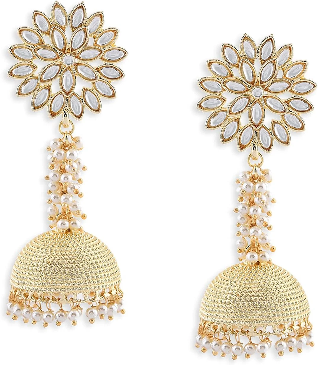 گوشواره زنانه جومکی با طرح خوشه ای مروارید و نگین های Kundan با روکش طلایی ZAVERI PEARLS مدل ZPFK11233