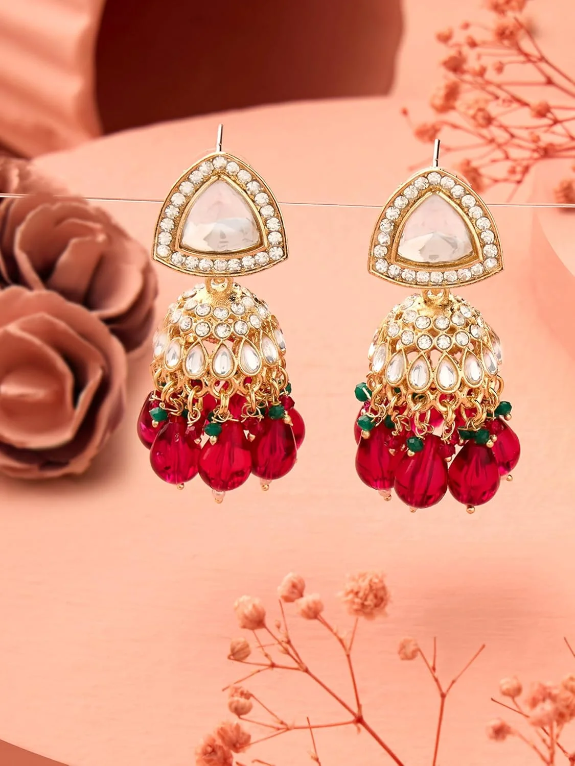 گوشواره زنانه جومکی نگین دار خوشه ای سبز صورتی رانی Zaveri Pearls مدل ZPFK17799 گوشواره زنانه جومکی نگین دار خوشه ای سبز صورتی رانی Zaveri Pearls مدل ZPFK17799