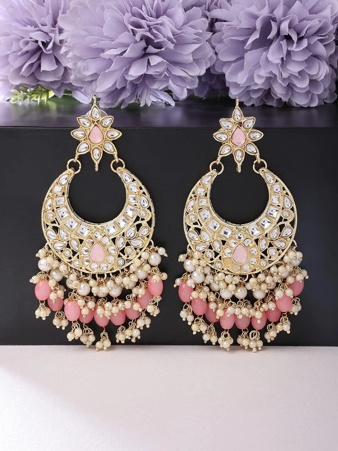 گوشواره آویز هلالی آویزدار خوشه ای مهره ای صورتی رنگ زنانه Zaveri Pearls مدل ZPFK13794 گوشواره آویز هلالی آویزدار خوشه ای مهره ای صورتی رنگ زنانه Zaveri Pearls مدل ZPFK13794