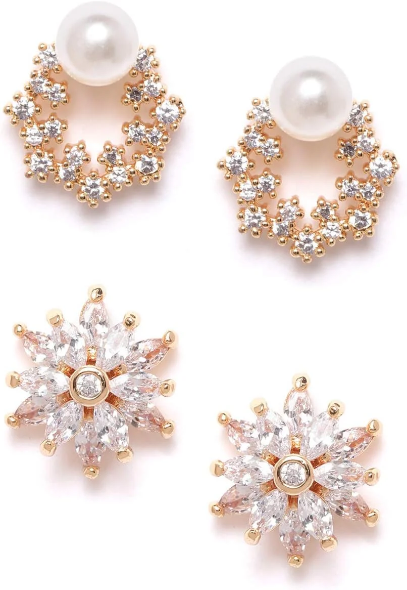 ZAVERI PEARLS ست 2 عددی گوشواره میخی برنجی رزگلد زیرکونیا کوبیک زنانه - Zpfk10217، سایز آزاد