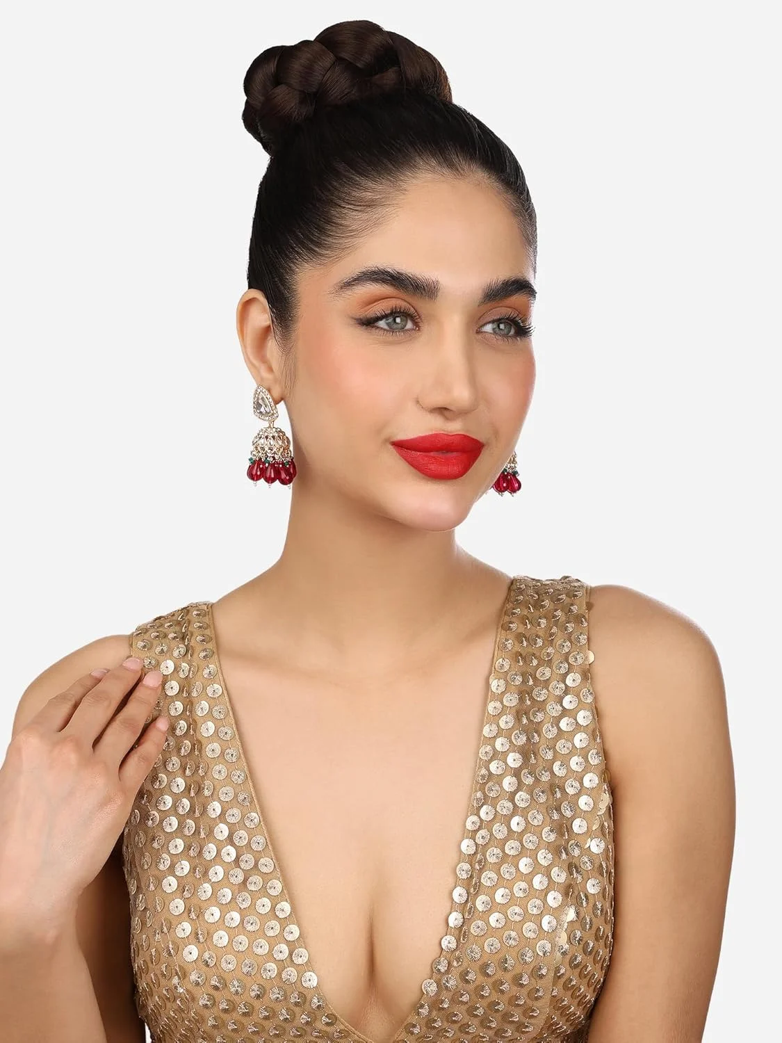 گوشواره زنانه جومکی نگین دار خوشه ای سبز صورتی رانی Zaveri Pearls مدل ZPFK17799 گوشواره زنانه جومکی نگین دار خوشه ای سبز صورتی رانی Zaveri Pearls مدل ZPFK17799