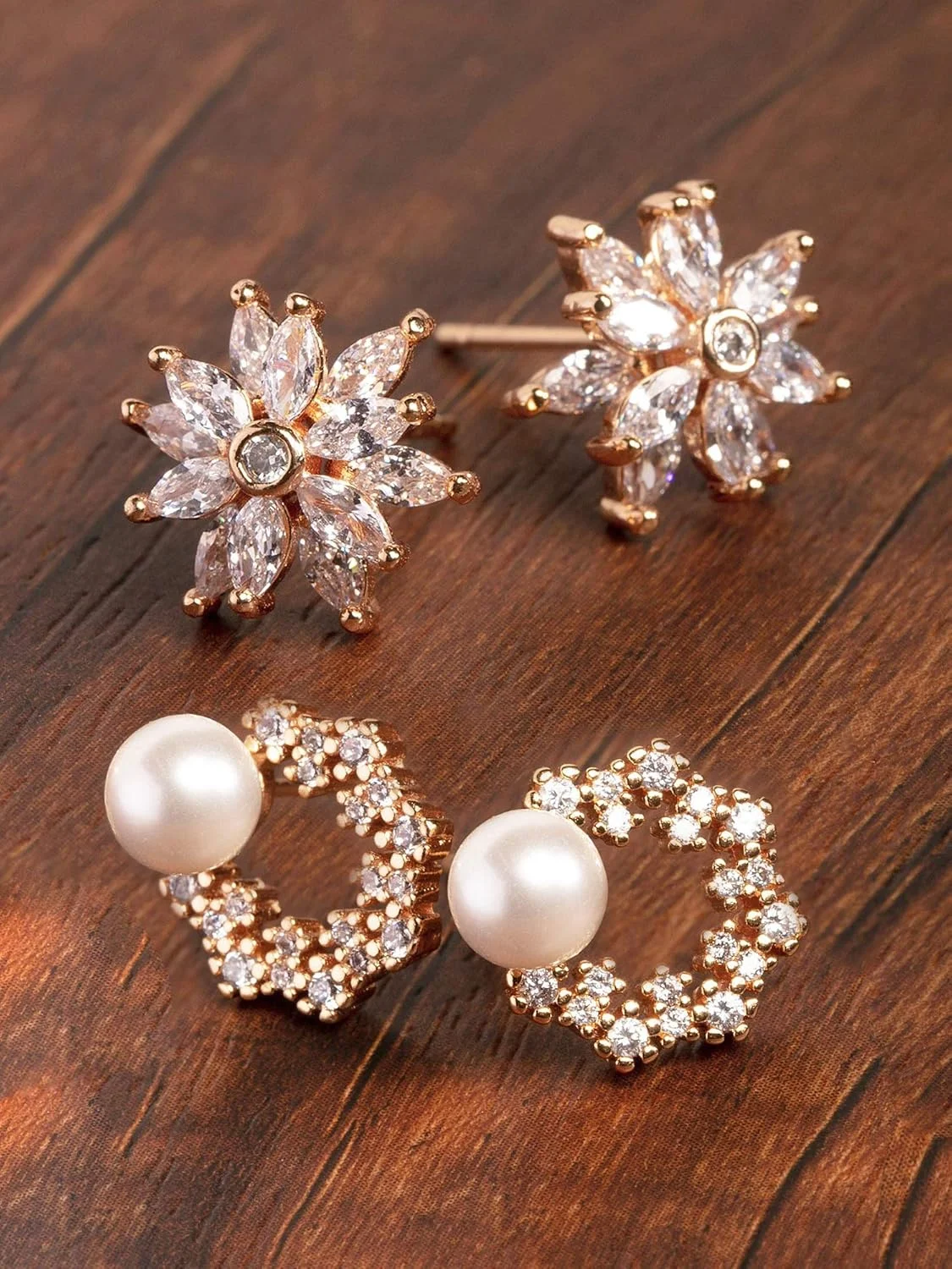ZAVERI PEARLS ست 2 عددی گوشواره میخی برنجی رزگلد زیرکونیا کوبیک زنانه - Zpfk10217، سایز آزاد ZAVERI PEARLS ست 2 عددی گوشواره میخی برنجی رزگلد زیرکونیا کوبیک زنانه - Zpfk10217، سایز آزاد